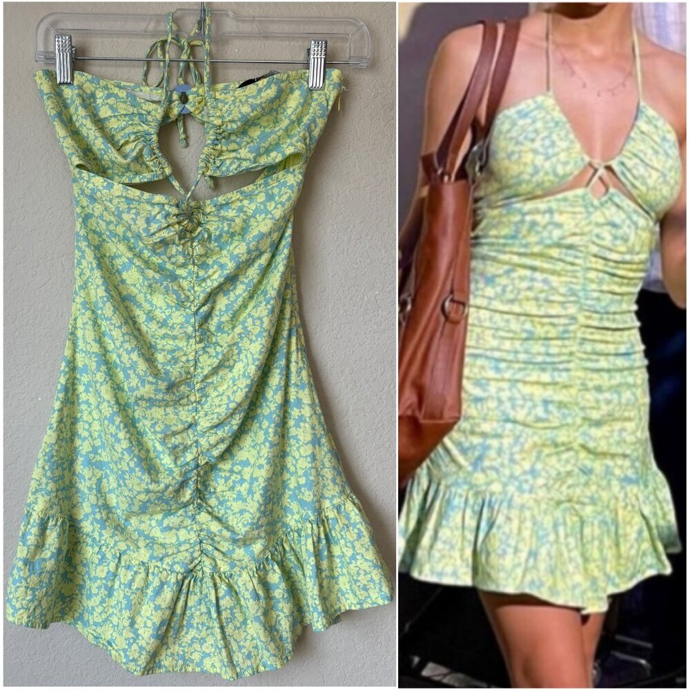 Zara Linen Blend Ditsy Floral Print Ruched Mini Dress